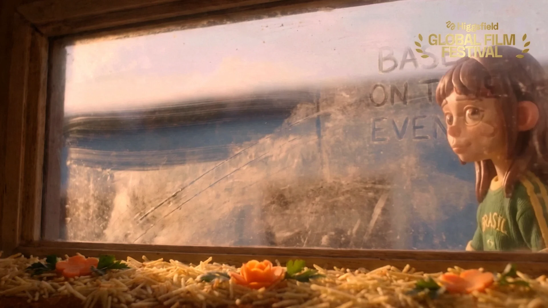 Young Isa looks through a bakery window, establishing the film's clay-inspired character design and warm miniature setting.
