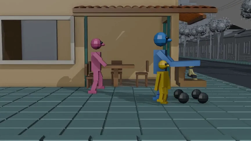 A Blender street study shows colored family proxies, a stroller, the sidewalk, and café geometry used to judge spacing and camera position.