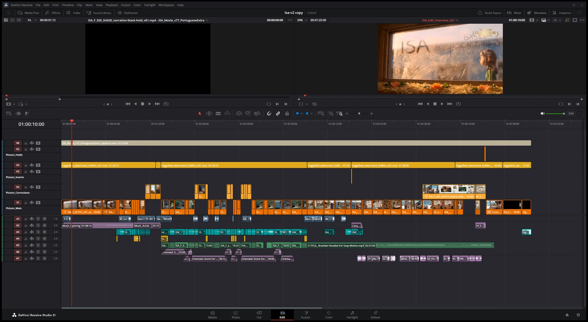 A later Resolve presentation capture shows picture clips arranged above separate sound tracks, illustrating the editable assembly of the film.