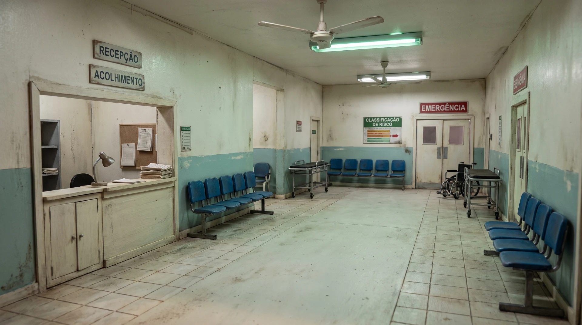 A hospital concept generated in the ISA Higgsfield project places the reception window on the left, waiting chairs against the walls, and emergency doors beyond an open central route.