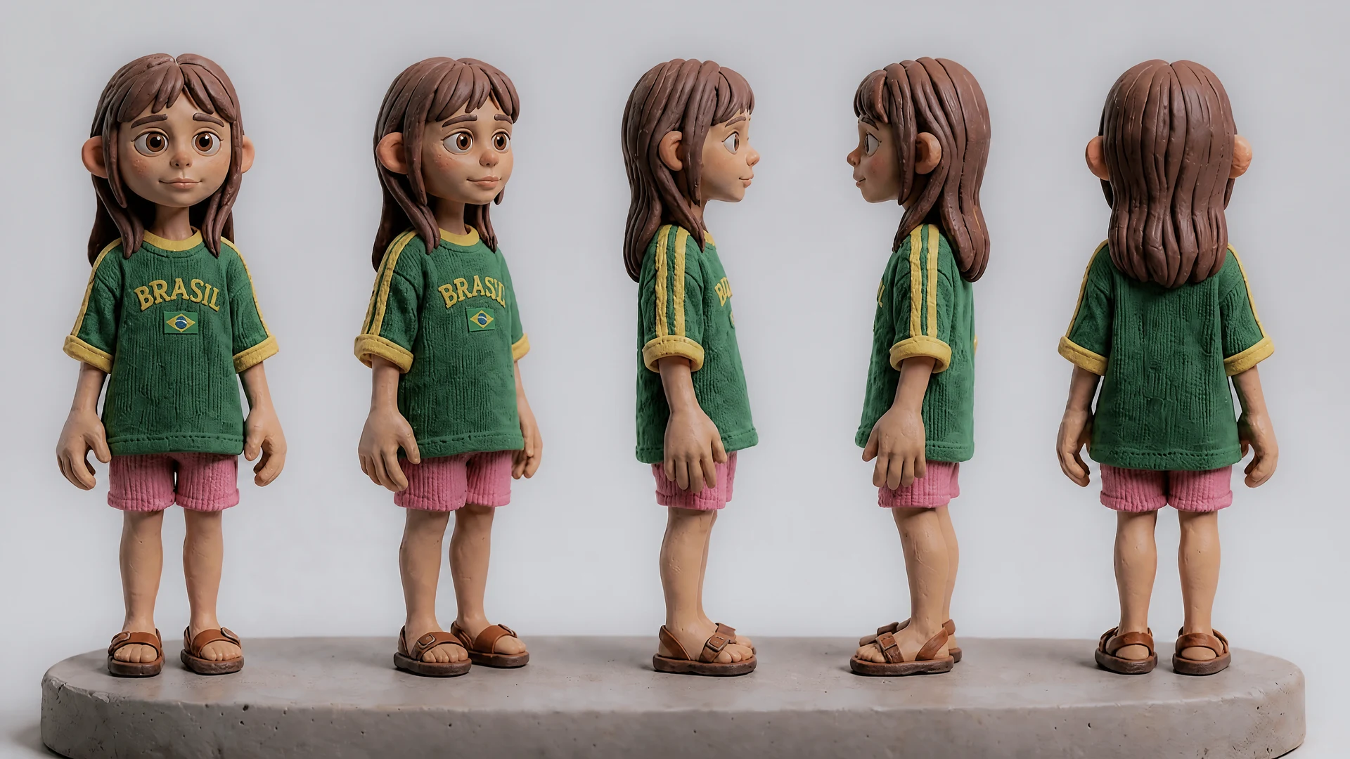Isa’s character concept shows her from the front, three-quarter view, both sides, and back, with clay-like features, a green Brasil shirt, pink shorts, and brown sandals.