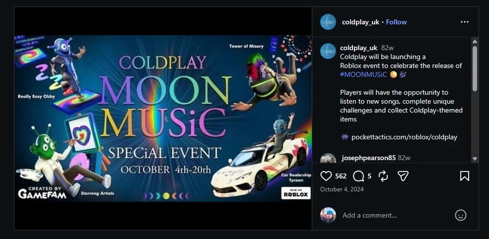 Coldplay Roblox Special Event: Coldplay Instagram Source Post